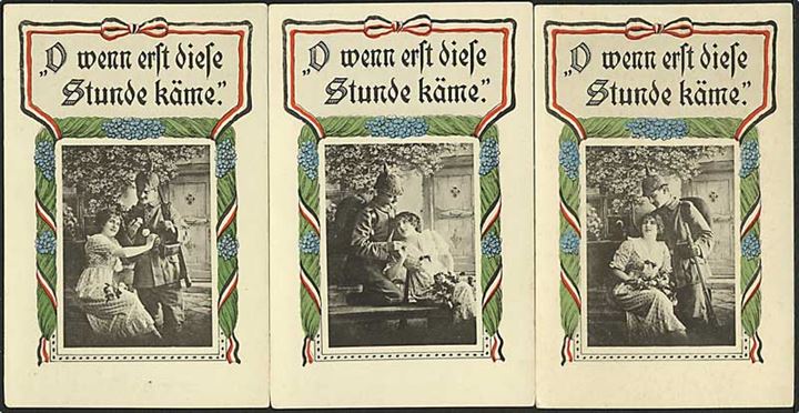 Set på 6 kort med når færst disse stunder kommer. S.D.D. no. 1346 - 51. På bagsiden trykt: Herzliche Grüsse in der Kriegszeit aus Broacker.