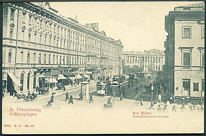 Rusland, St. Petersborg, Rue Michel med sporvogne. No. 23.