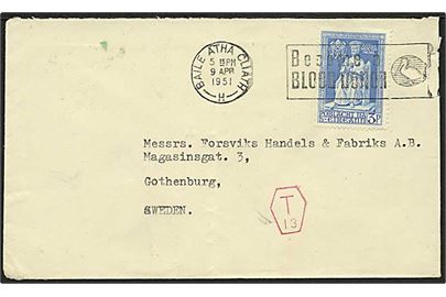 3 pg. Hellige år single på underfrankeret brev fra Dublin d. 9.4.1951 til Göteborg, Sverige. Rødt porto stempel: T 13.