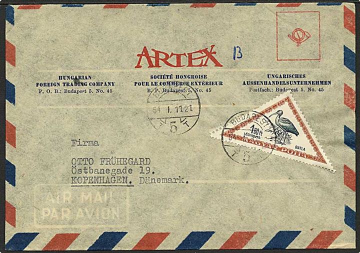 1,60 ft. trekantet Sort Ibis udg. på luftpostbrev fra Budapest d. 11.1.1954 til København, Danmark.