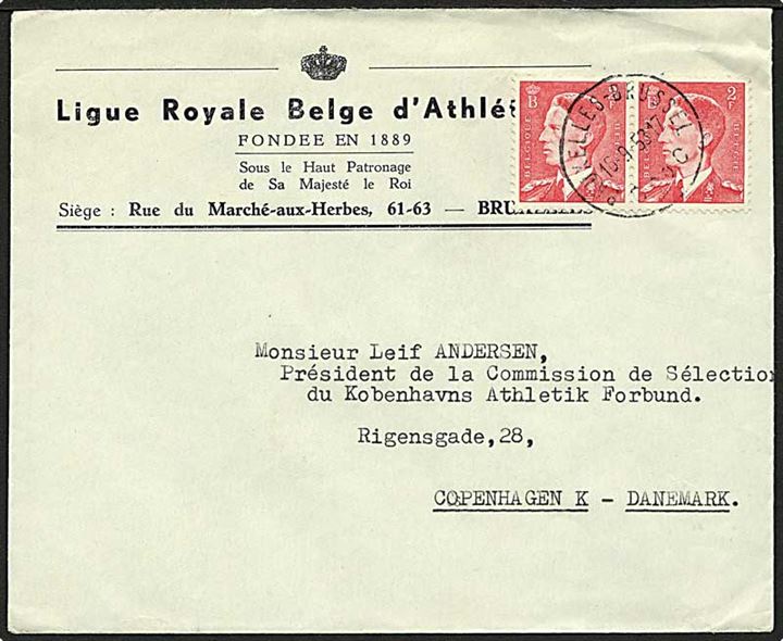 2 fr. kong Baudouin i parstykke på fortrykt kuvert fra den kongelige belgiske atletik liga i Bruxelles d. 16.9.1953 til København, Danmark.
