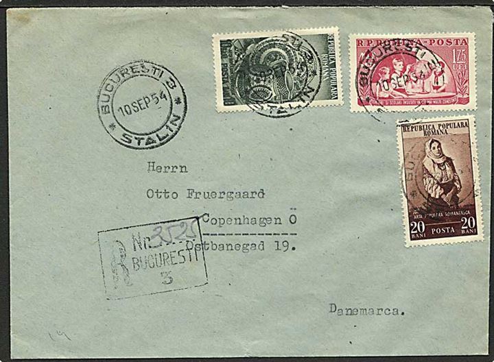 2,05 Lei blandingsfrankeret anbefalet brev fra Bukarest d. 10.9.1954 til København, Danmark.
