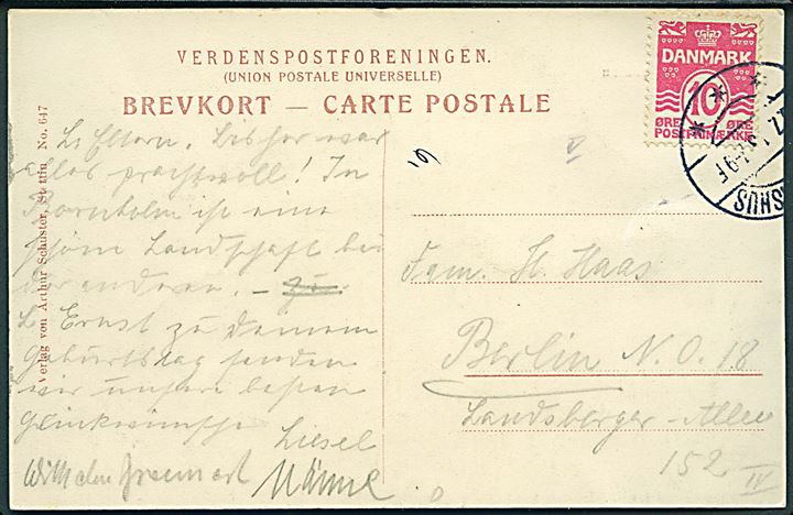 10 øre Bølgelinie på brevkort annulleret med yderligt placeret brotype IIa Hammershus d. x.7.1913 til Berlin, Tyskland.