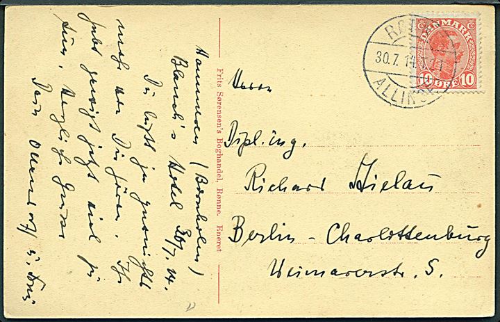 10 øre Chr. X på brevkort (Blanchs Hotel) annulleret med bureaustempel Rønne - Allinge T.21 d. 30.7.1914 til Berlin, Tyskland. Sendt umiddelbart inden 1. verdenskrigs udbrud.