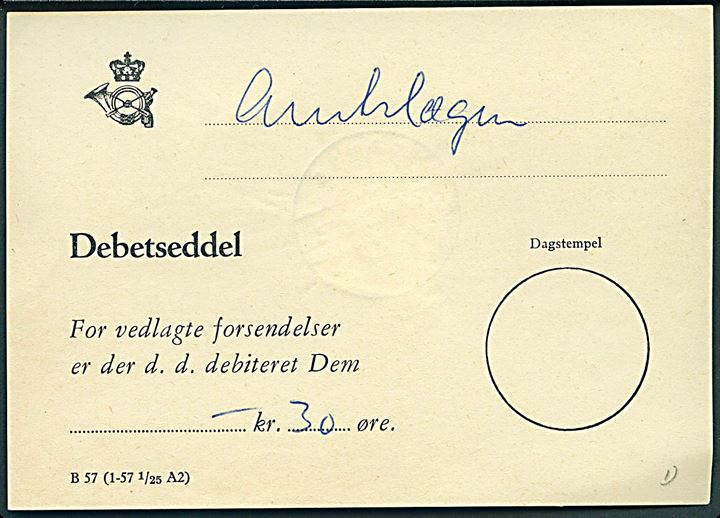 30 øre Portomærke annulleret Rønne d. 23.7.1962 på bagsiden af Debetseddel B57 (1-57 1/25 A2).