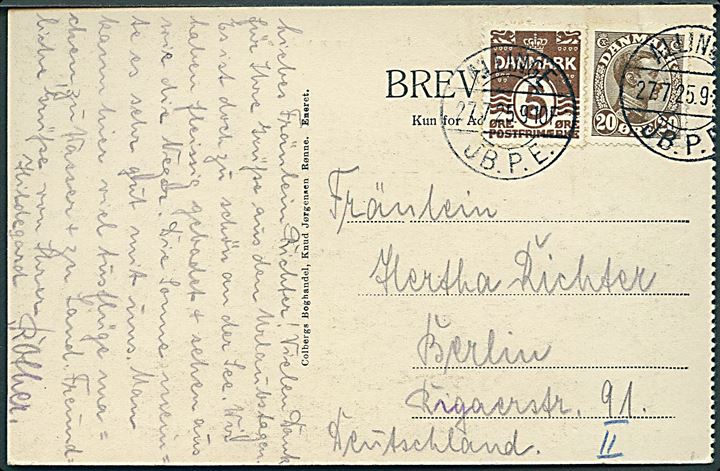 5 øre Bølgelinie og 20 øre Chr. X på brevkort annulleret med brotype Vb Allinge JB.P.E. d. 27.7.1925 til Berlin, Tyskland.