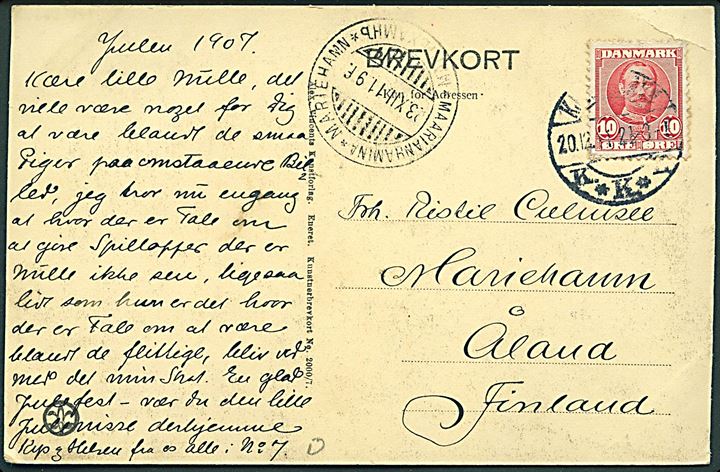 10 øre Fr. VIII på brevkort fra Kjøbenhavn d. 20.12.1911 til Mariehamn, Åland, Finland. Ank.stemplet med 3-sproget stempel i Mariehamn d. 23.12.1911.