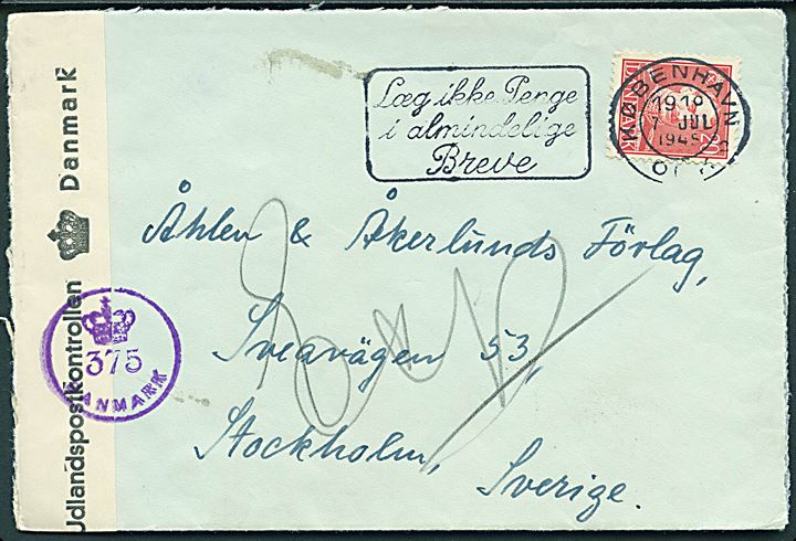 20 øre Chr. X på brev fra København d. 7.7.1945 til Stockholm, Sverige. Åbnet af dansk efterkrigscensur (krone)/375/Danmark.