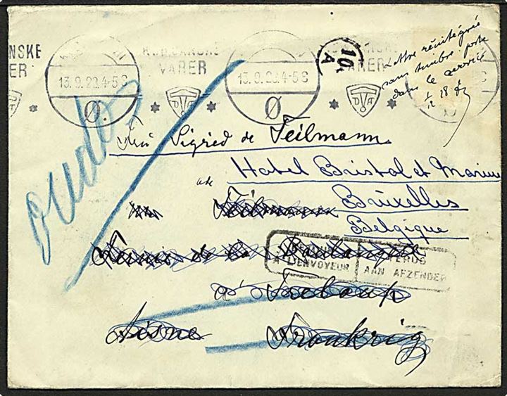 Brev fra København d. 13.9.1923 til Treloup, Frankrig - eftersendt til Bruxelles, Belgien og endelig returneret. Frimærke mistet undervejs. 