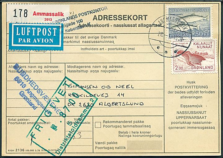 2 kr. 1000 års udg. og 50 kr. Skællaks på adressekort for luftpostpakke fra Ammagsalik d. 28.3.1988 til Albertslund.
