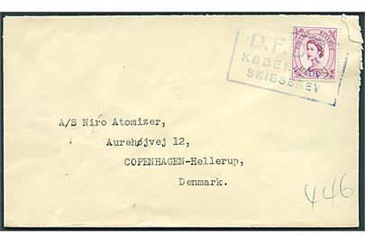 Engelsk 6d Elizabeth på brev annulleret med rammestempel D.F.D.S. København Skibsbrev til Hellerup.