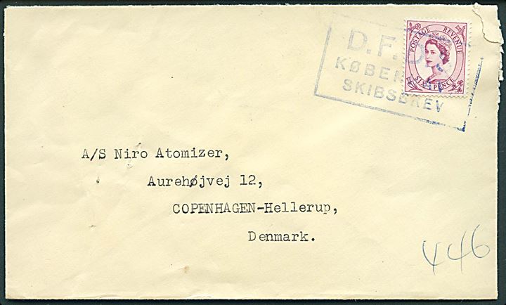 Engelsk 6d Elizabeth på brev annulleret med rammestempel D.F.D.S. København Skibsbrev til Hellerup.