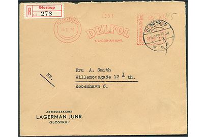 45 øre firmafranko DELFOL A/S Lagerman Junr. på anbefalet brev fra Glostrup d. 5.10.1950 til København.