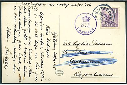 10 öre Gustaf på brevkort fra Göteborg d. 20.9.1945 til København, Danmark. Dansk efterkrigscensur (krone)/375/Danmark.