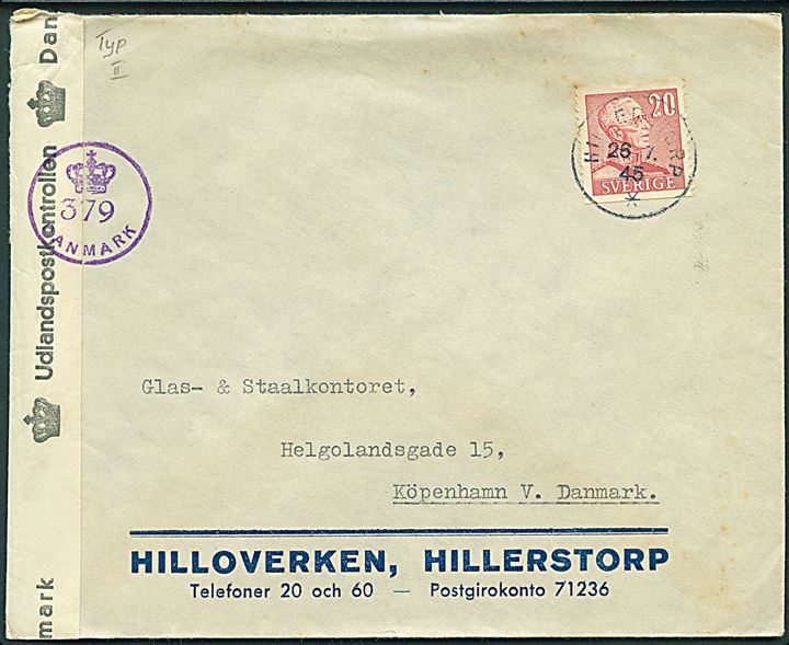 20 öre Gustaf på brev fra Hillerstorp d. 26.7.1945 til København, Danmark. Åbnet af dansk efterkrigscensur (krone)/379/Danmark.