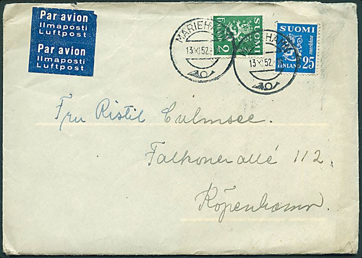 25 pen. og 2 mk. Løve på luftpostbrev fra Mariehamn d. 13.11.1952 til København, Danmark.