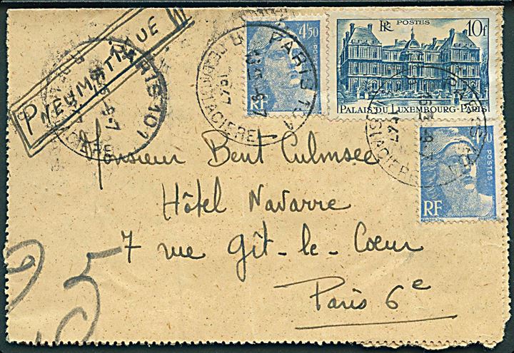 4,50 fr. (2) og 10 fr. på korrespondancekort sendt som rørpostbrev i Paris d. 9.7.1947.