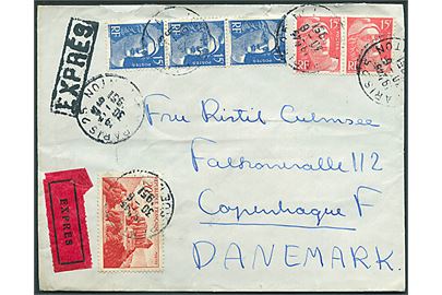 15 fr. (5) og 20 fr. på ekspresbrev fra Paris d. 30.6.1952 til København, Danmark.