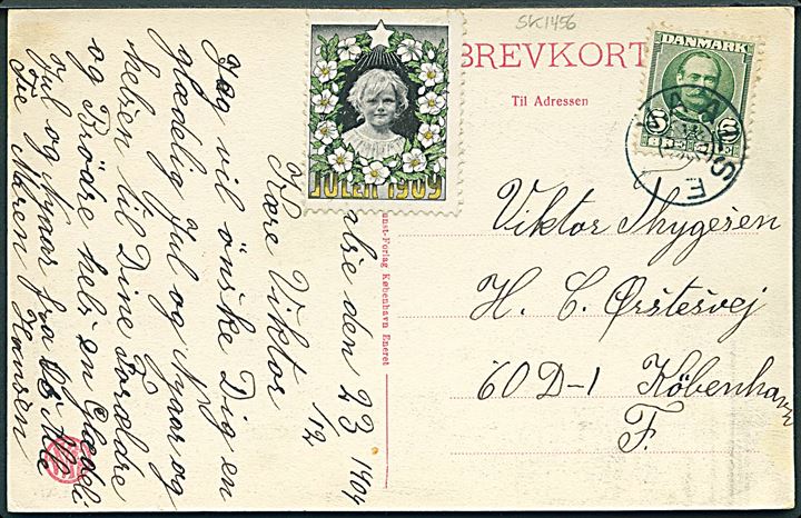 5 øre Fr. VIII og Julemærke 1909 (defekt) på julekort dateret d. 23.12.1904 annulleret med stjernestempel VAALSE til København.