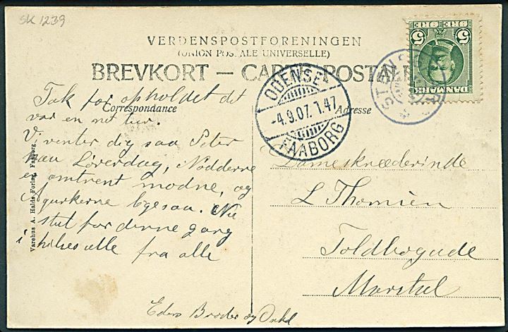 5 øre Fr. VIII på brevkort annulleret med stjernestempel STENSGAARD og sidestemplet bureau Odense - Faaborg T.47 d. 4.9.1907 til Marstal på Ærø. Stemplet kendes kun anvendt i ca. 1 år.