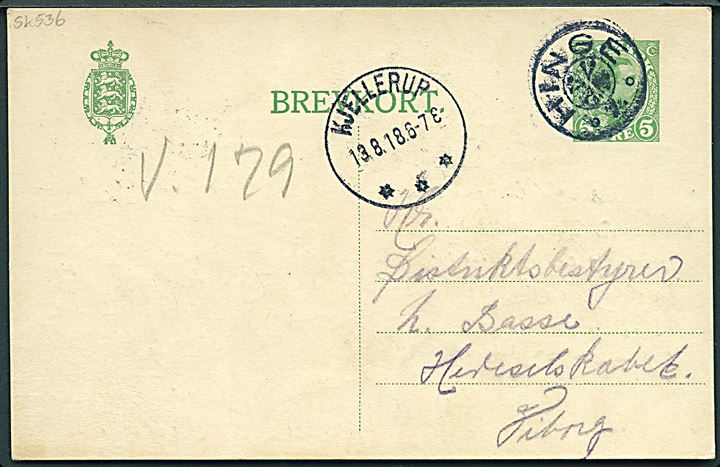 5 øre Chr. X helsagsbrevkort annulleret med stjernestempel HINGE og sidestemplet Kjellerup d. 13.8.1918 til Viborg.