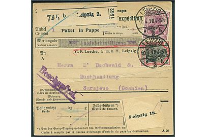 40 pfg. og 60 pfg. Germania på internationalt adressekort for pakke fra Leipzig d. 10.4.1918 til Sarajevo, Bosnien. 