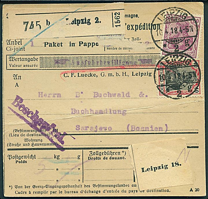 40 pfg. og 60 pfg. Germania på internationalt adressekort for pakke fra Leipzig d. 10.4.1918 til Sarajevo, Bosnien. 