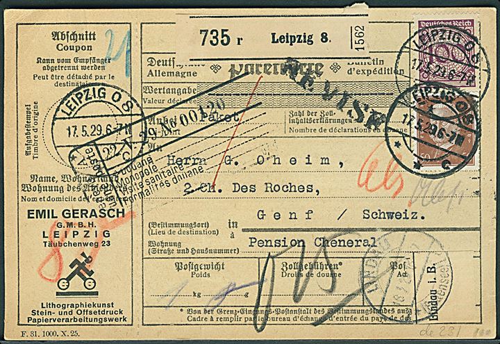 5 pfg., 50 pfg. Hindenburg og 100 pfg. Ciffer på internationalt adressekort for pakke fra Leipzig d. 17.5.1929 til Genf, Schweiz.