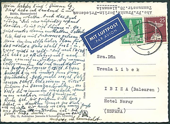 10 pfg. og 25 pfg. Bygning på luftpost brevkort fra Berlin d. 3.7.1958 til Ibiza, Spanien.