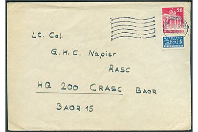 20 pfg. Brandenburger Tor og 2 pfg. Berlin Notopfer på brev fra Paderborn d. 1.9.1951 til britisk feltpost i Tyskland - HQ 200 CRASC (Commander Royal Army Service Corps), BAOR 15 (= Herford). På bagsiden ank.stempel Field Post Office 620 d. 3.9.1951.