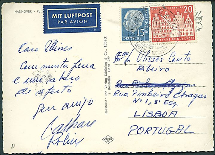15 pfg. Heuss og 20 pfg. Lüneburg 1000 år på luftpost brevkort fra Hannover d. 5.6.1956 til Lissabon, Portugal.