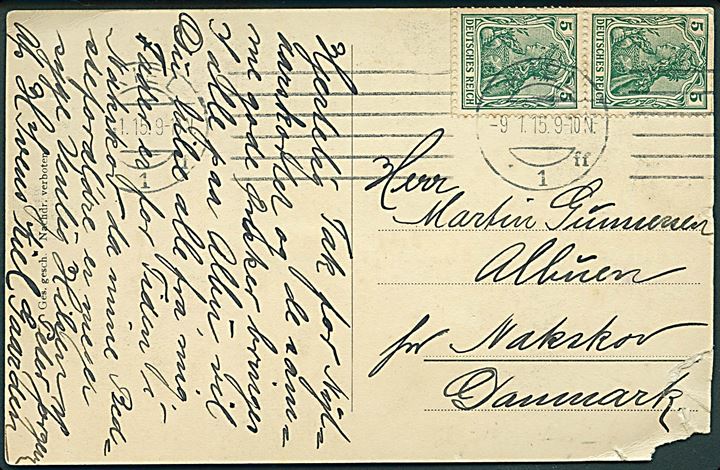 5 pfg. Germania i lodret parstykke med tydelig automatafskæring på nytårskort fra Kiel d. 9.1.1915 til Albuen pr. Nakskov. Hj. skade.