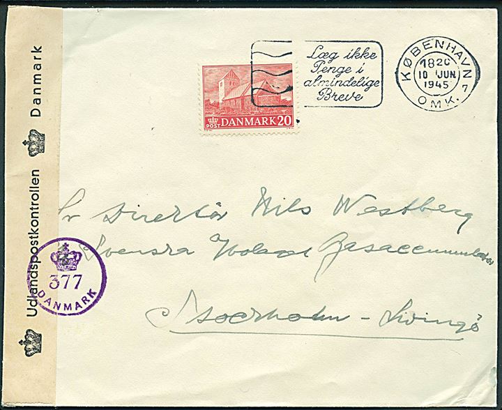20 øre Landsbykirke på brev fra København d. 10.6.1945 til Stockholm, Sverige. Åbnet af dansk efterkrigscensur (krone)/377/Danmark.