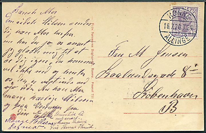15 øre Chr. X på brevkort (Hotel Jomfrubjerget) annulleret med bureaustempel Rønne - Allinge T.24 d. 16.7.1920 til København.