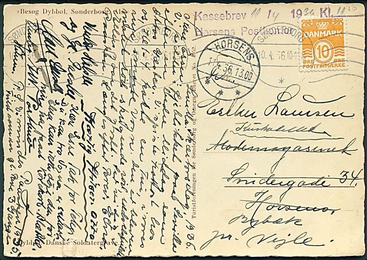 10 øre Bølgelinie på brevkort fra Sønderborg d. 10.4.1936 til Horsens. Eftersendt til Bybæk pr. Vejle med violet stempel: Kassebrev / Horsens Postkontor. Lille rift.