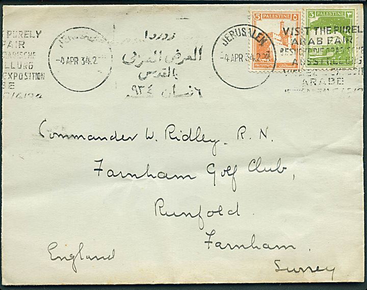 3 mills og 5 mills på brev annulleret med TMS Visit the purely Arab Fair/Jerusalem d. 4.4.1934 til britisk flådeofficer i Farnham, Surrey, England.
