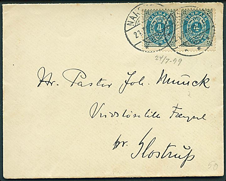 4 øre Tofarvet i vandret parstykke på brev fra Nakskov d. 24.7.1899 til præst i Vridsløselille Fængsel pr. Glostrup.