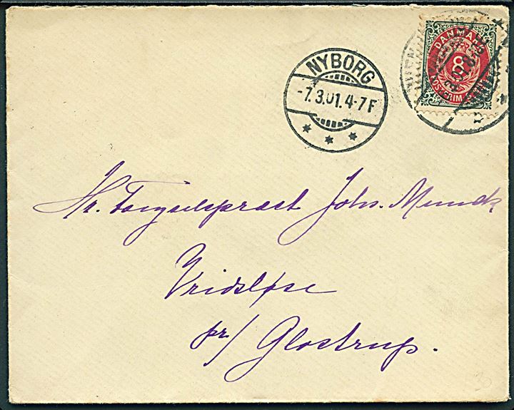 8 øre Tofarvet omv. rm. på brev fra Svendborg d. 6.3.1901 via Nyborg til fængselspræst i Vridsløse pr. Glostrup.