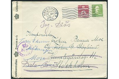 5 øre Bølgelinie og 15 øre Chr. X på brev fra København d. 18.9.1945 til Stockholm, Sverige - eftersendt til Dala-Bonäs. Åbnet af dansk efterkrigscensur (krone)/399/Danmark.