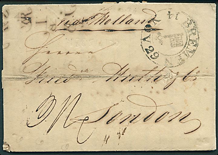 Portobrev fra Bremen d. 14.11.1829 til London, England. Påskrevet via Holland. Fuldt indhold.