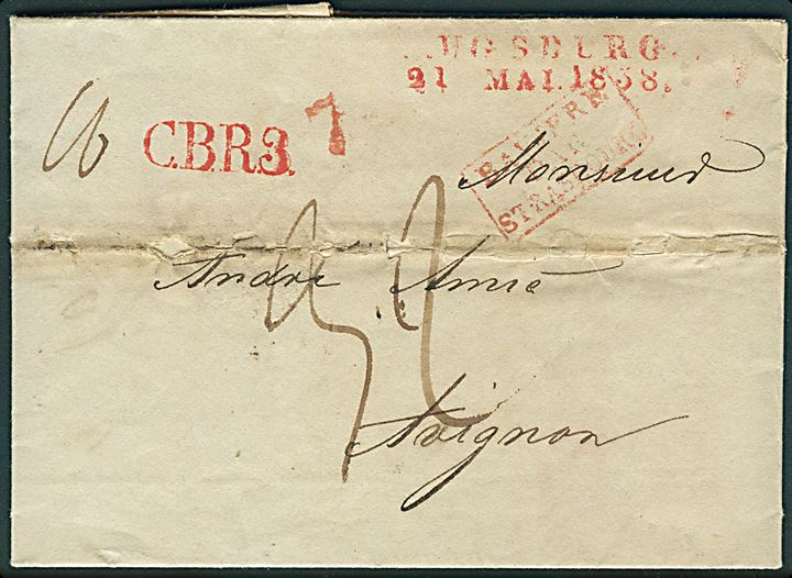 1838. Portobrev med rødt stempel Augsburg d. 21.5.1838 til Avignon, Frankrig. Rødt grænsestempel fra Strassbourg og liniestempel C.B.R.3. 