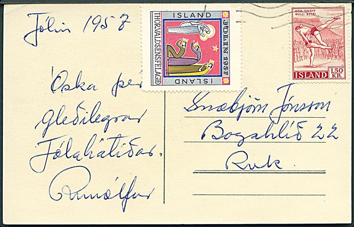 1,50 kr. Sport og Thorvaldsen Foreningen Julemærke 1957 (mgl. tak) på lokalt Julekort 1957.
