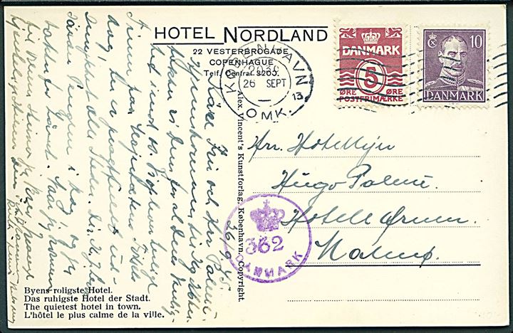 5 øre Bølgelinie og 10 øre Chr. X på brevkort (Værelse på Hotel Nordland) fra København d. 26.9.1945 til Malmö, Sverige. Dansk efterkrigscensur (krone)/362/Danmark.