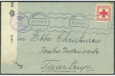 20 öre Røde Kors på brev fra Hälsingborg d. 23.7.1945 til Taastrup, Danmark. Åbnet af dansk efterkrigscensur (krone)/385/Danmark.