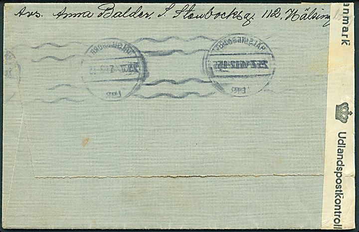 20 öre Røde Kors på brev fra Hälsingborg d. 23.7.1945 til Taastrup, Danmark. Åbnet af dansk efterkrigscensur (krone)/385/Danmark.