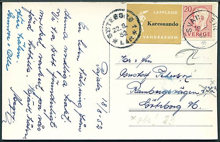 20 öre Gustaf og Lapland Karesuando STFs Vandrarhem mærkat på brevkort (Broen over Torneå elven) dateret Pajala og stemplet Svanstein d. 19.8.1952 til Göteborg.