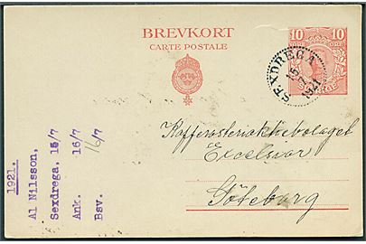 10 öre Gustaf helsagsbrevkort stemplet Sexdrega d. 15.7.1921 til Göteborg.