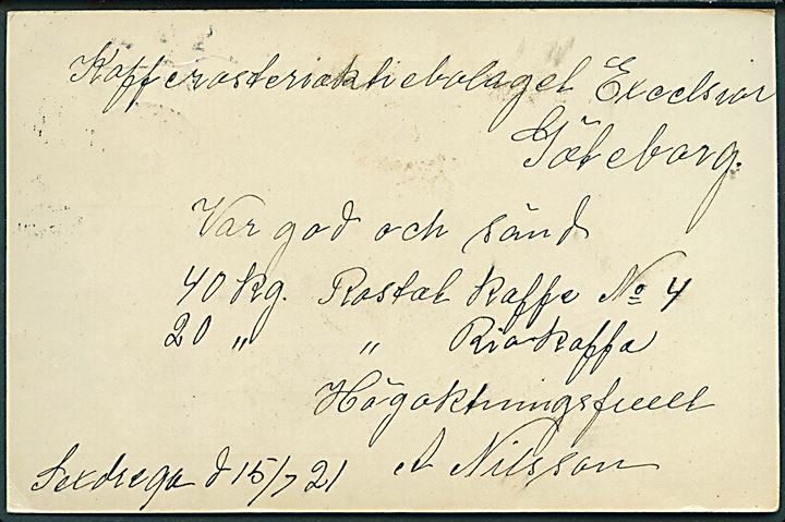 10 öre Gustaf helsagsbrevkort stemplet Sexdrega d. 15.7.1921 til Göteborg.