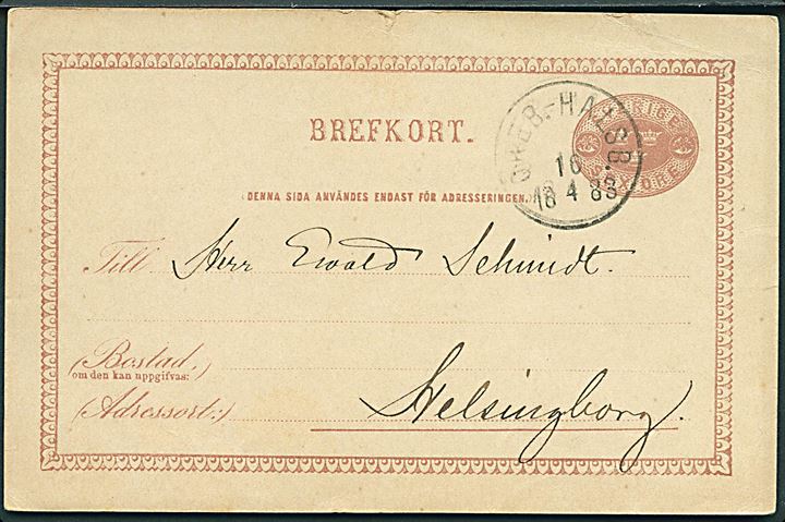 6 öre helsagsbrevkort fra Örebro annulleret med bureaustempel ÖREB.-HALSB. (Örebro-Hallsberg) d. 16.4.1883 til Helsingborg.