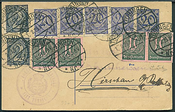 20 pfg. (5), 2 mk. (2), 5 mk. og 10 mk. (4) Tjenestemærker på for- og bagside af brevkort fra Tübingen d. 1.2.1923 til Hirschau.